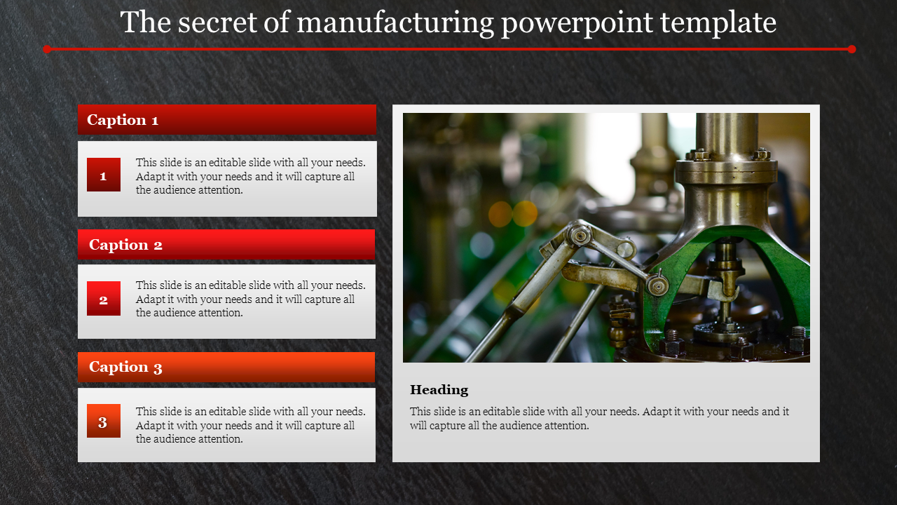 Manufacturing slide with three numbered captions and an image of mechanical equipment on the right.