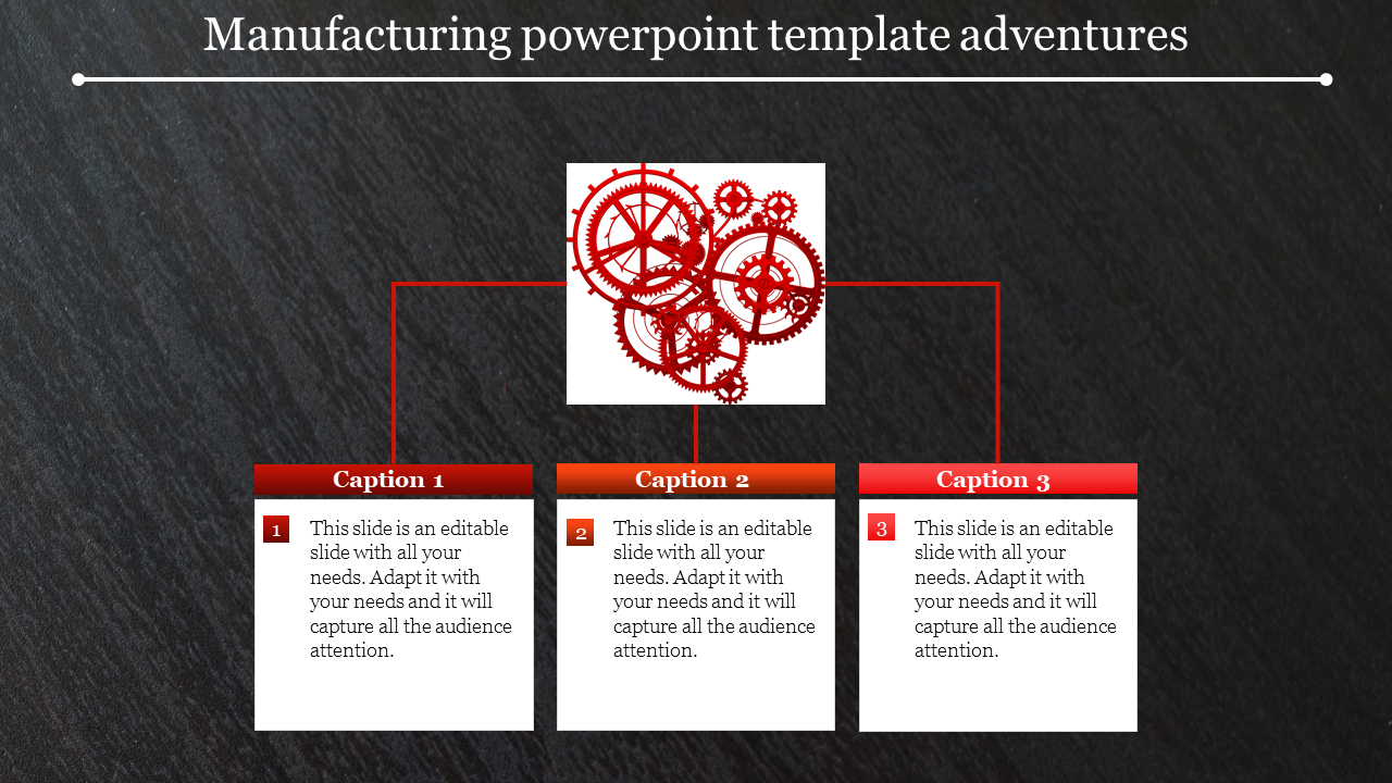 Manufacturing slide with red gear graphics connected to three labeled text boxes, on a dark background.