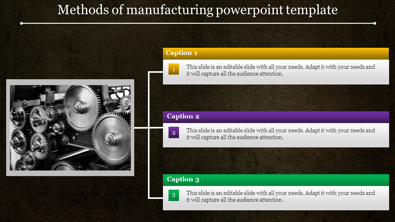 Manufacturing template slide featuring a black-and-white image of metal gears with three color-coded captions areas.