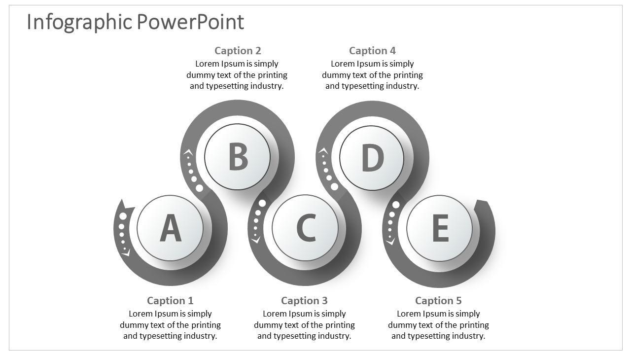 Infographic with five interconnected gray and white circles showcasing captions, labeled A to E.