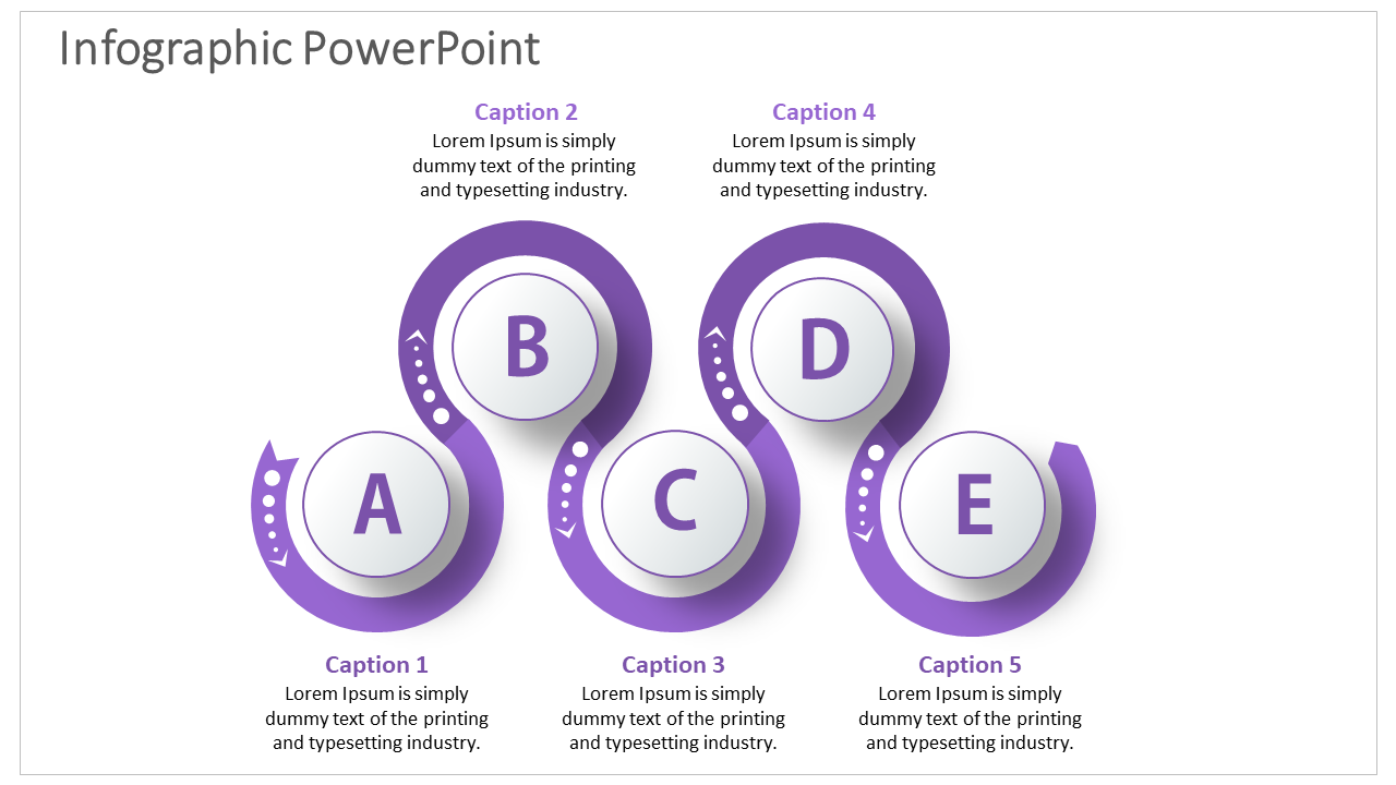 Infographic slide with five white circles on a purple curved line, each labeled A to E, and caption areas below.