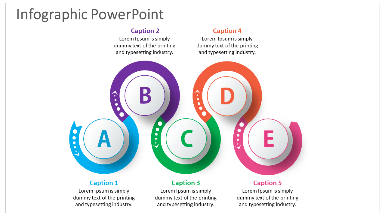 Infographic PowerPoint slide displaying five circular steps labeled A to E with placeholders for text.