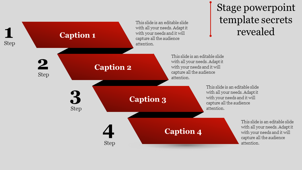 Four-level stage  template featuring red steps labeled from 1 to 4 with descriptive captions areas.