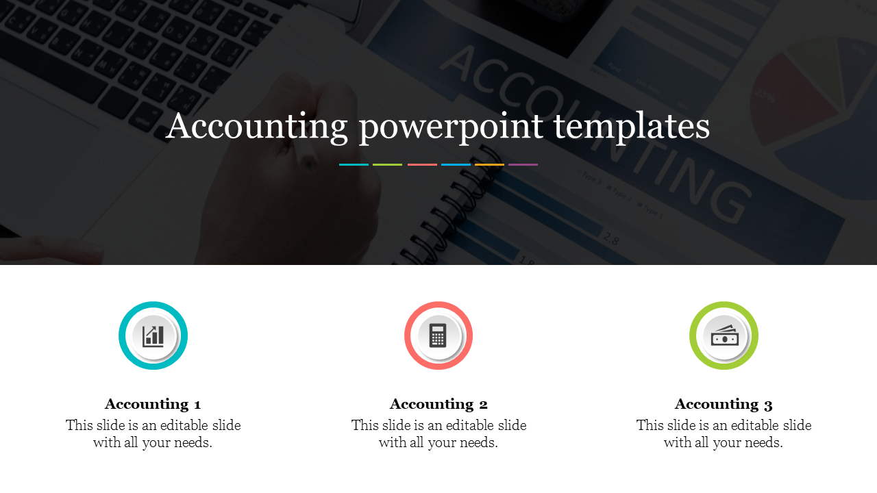 Three circular icons in blue, red, and green at the bottom, over a dark background of accounting documents.