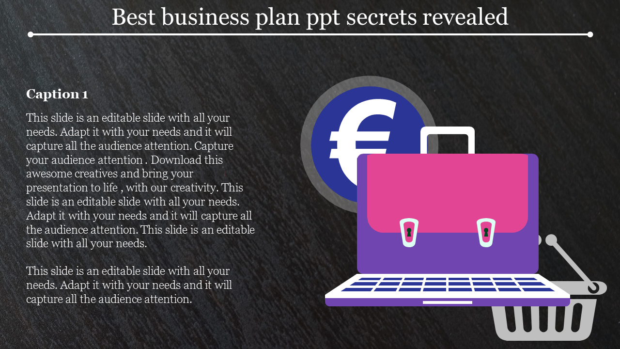 Business plan PowerPoint slide with a suitcase, laptop, and euro sign with captions on a dark background.