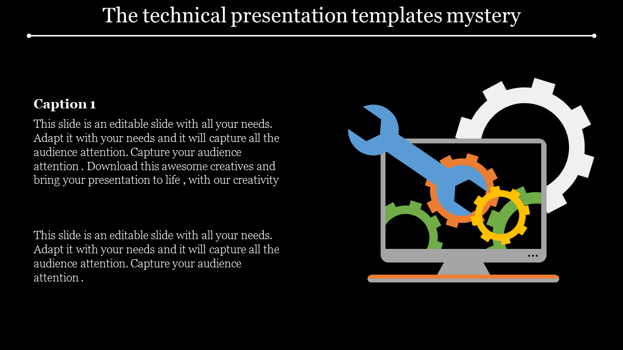 A technical PowerPoint slide showing a computer screen with gears and a wrench symbol with a caption on a dark theme.