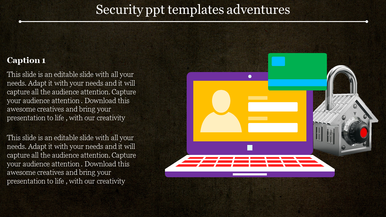 Digital security slide with a laptop, user profile screen, green credit cards, and a locked padlock on a dark background.