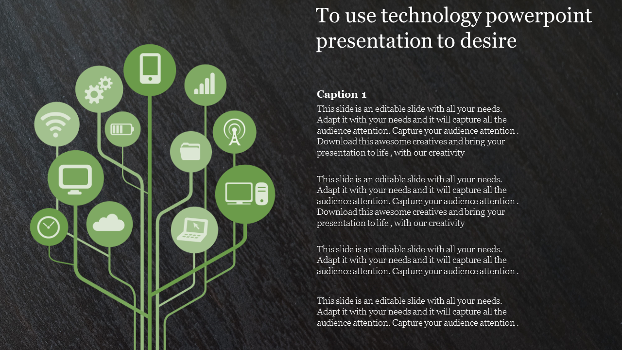 PPT slide with a tree diagram featuring various technology icons like a phone, laptop, Wi-Fi, and battery with captions.