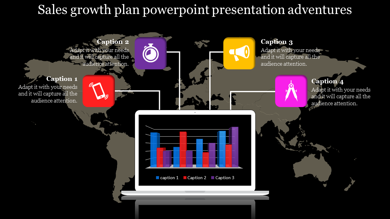 Laptop displaying a bar chart for sales growth with four connected icons, with caption areas on a world map background.