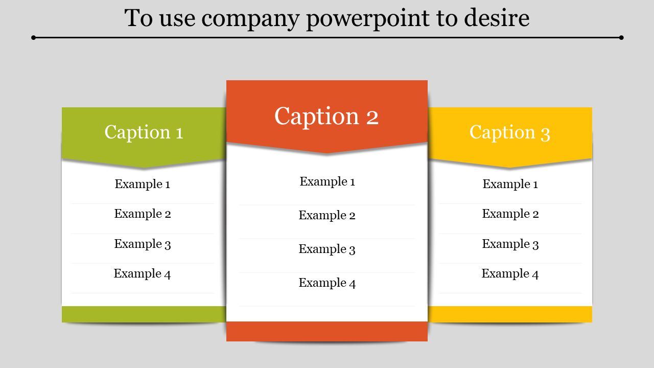 Three vertical cards with green, red, and yellow headers, each featuring captions and four example lines.