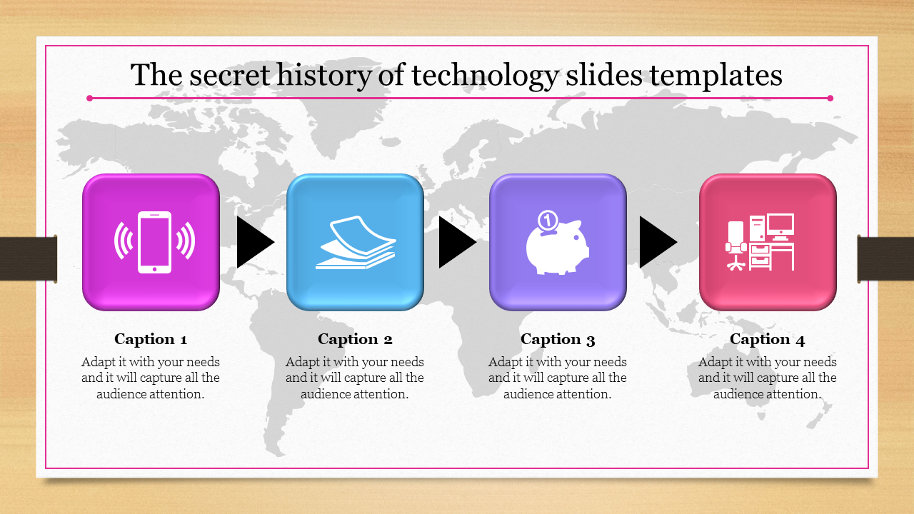 Four colored square icons with technology-related symbols arranged in a horizontal sequence with directional arrows.