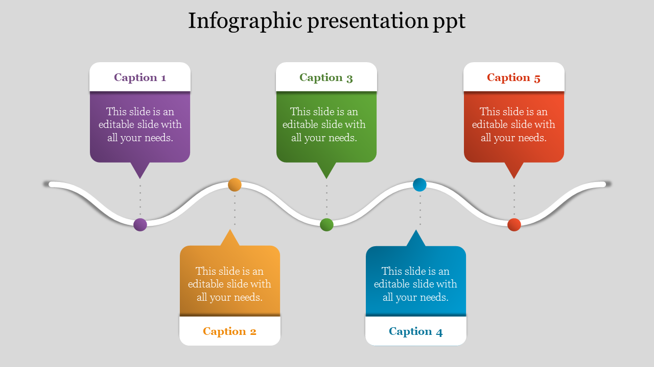 Infographic with a curved line linking five colorful speech boxes in purple, orange, green, blue, and red connected by dots.