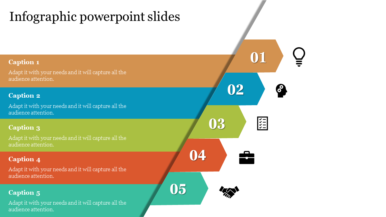 PowerPoint infographic slide featuring five colorful steps, each with an icon and numbered label for a structured process.