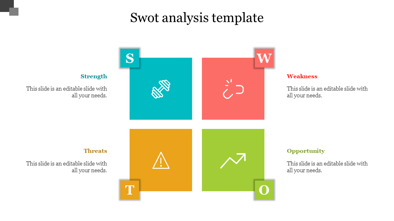 SWOT analysis template featuring distinct color-coded sections, with placeholder text for audience engagement.