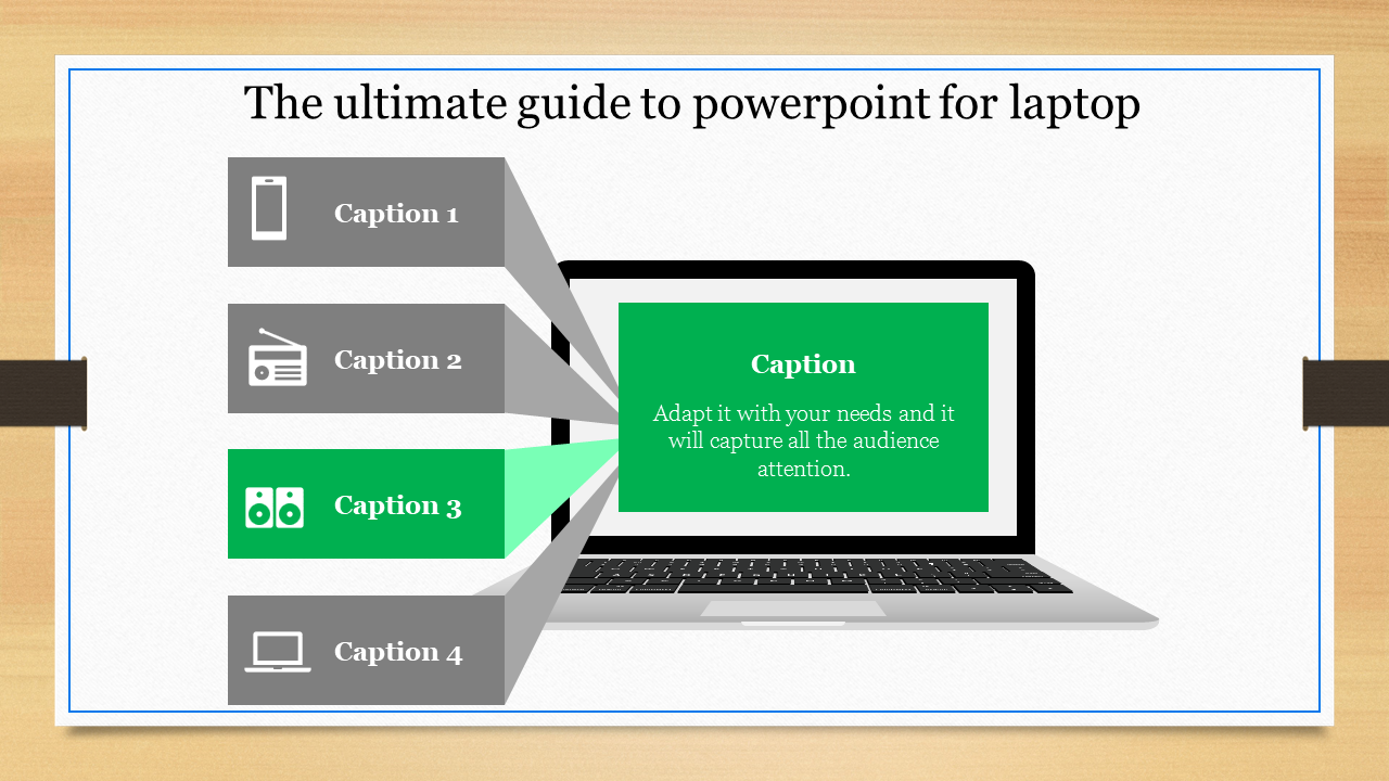 Laptop screen with green caption, connected to four horizontal labels on the left side with gray and one highlighted blocks.