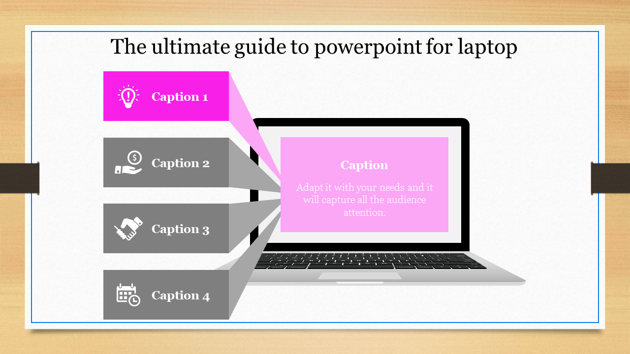 PowerPoint slide with laptop design and four sections with icons and captions.