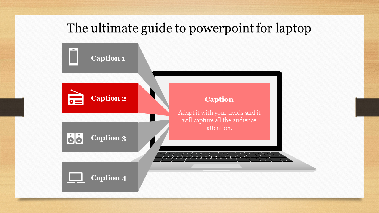 Orange caption box on a laptop screen with four horizontal gray labels, one highlighted in red.