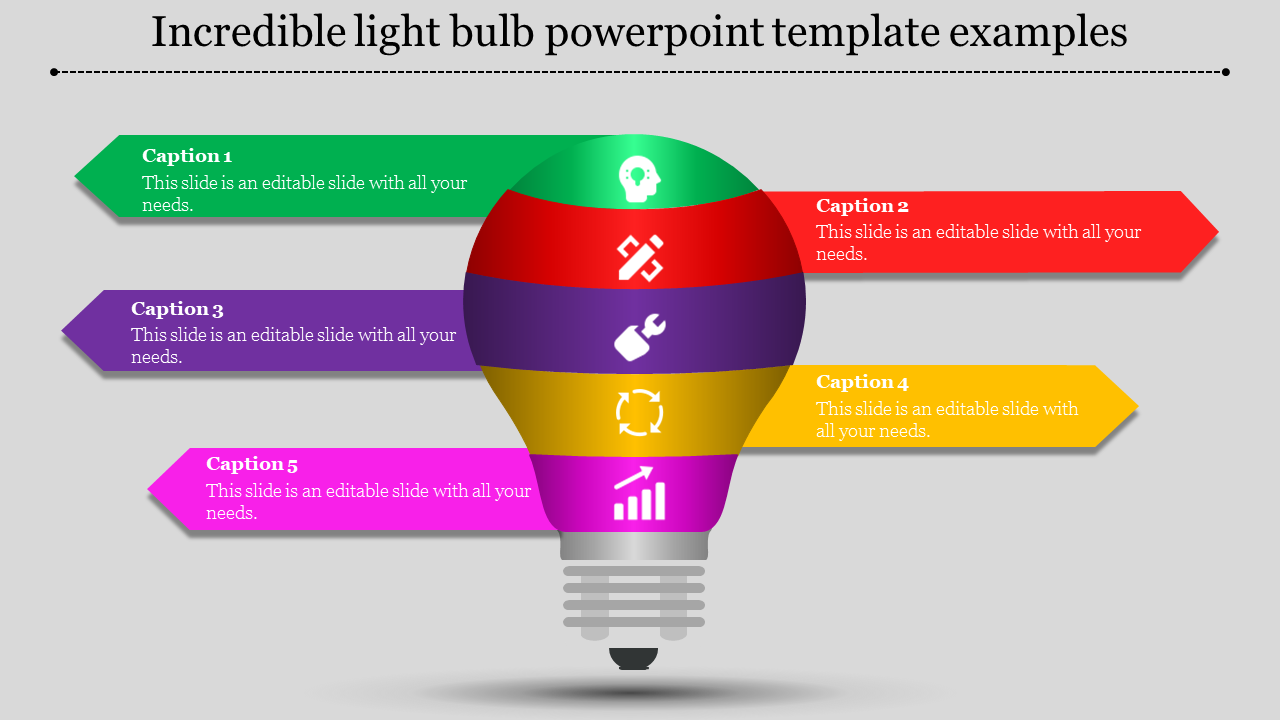 Colorful light bulb infographic with five horizontal arrows in green, red, purple, yellow, and pink, aligned with icons.