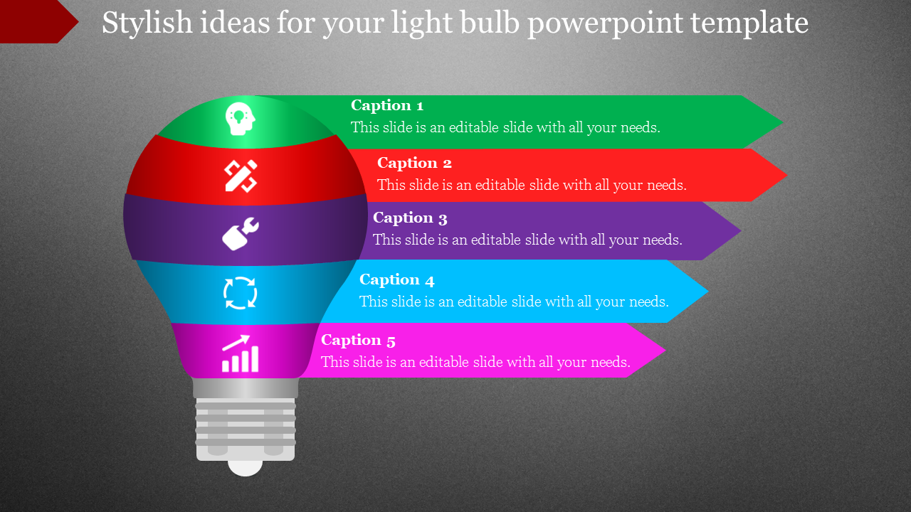 Light bulb template with five layers featuring icons: head, tools, wrench, refresh, and growth chart, labeled captions.