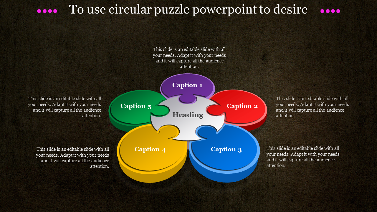 Circular jigsaw puzzle with labeled segments in purple, red, blue, yellow, and green on a dark background.