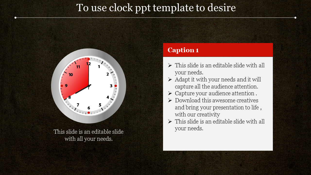 Clock illustration with time emphasized in red, paired with a text box providing customizable instructions and content.