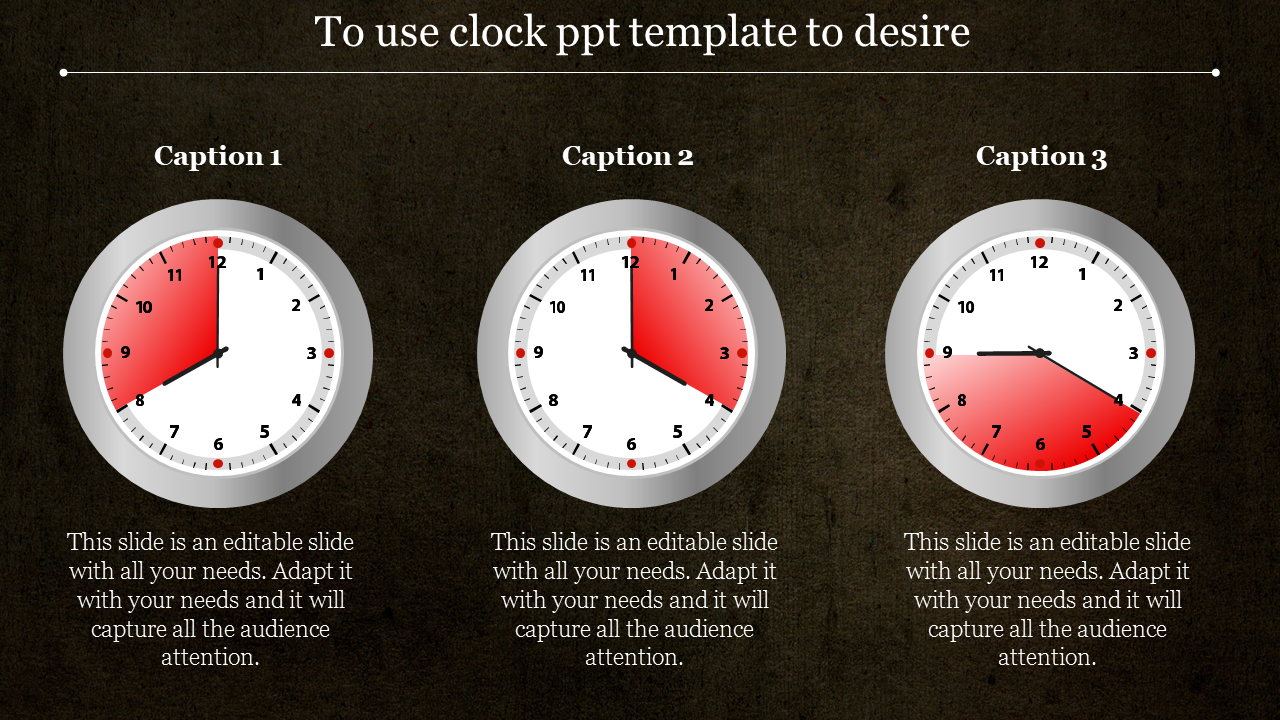 Three clock illustrations showing different times with red shaded areas and placeholder text.