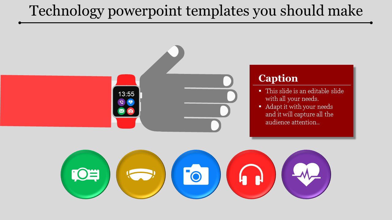 Technology slide featuring a hand with a smartwatch and colorful icons for devices with captions.