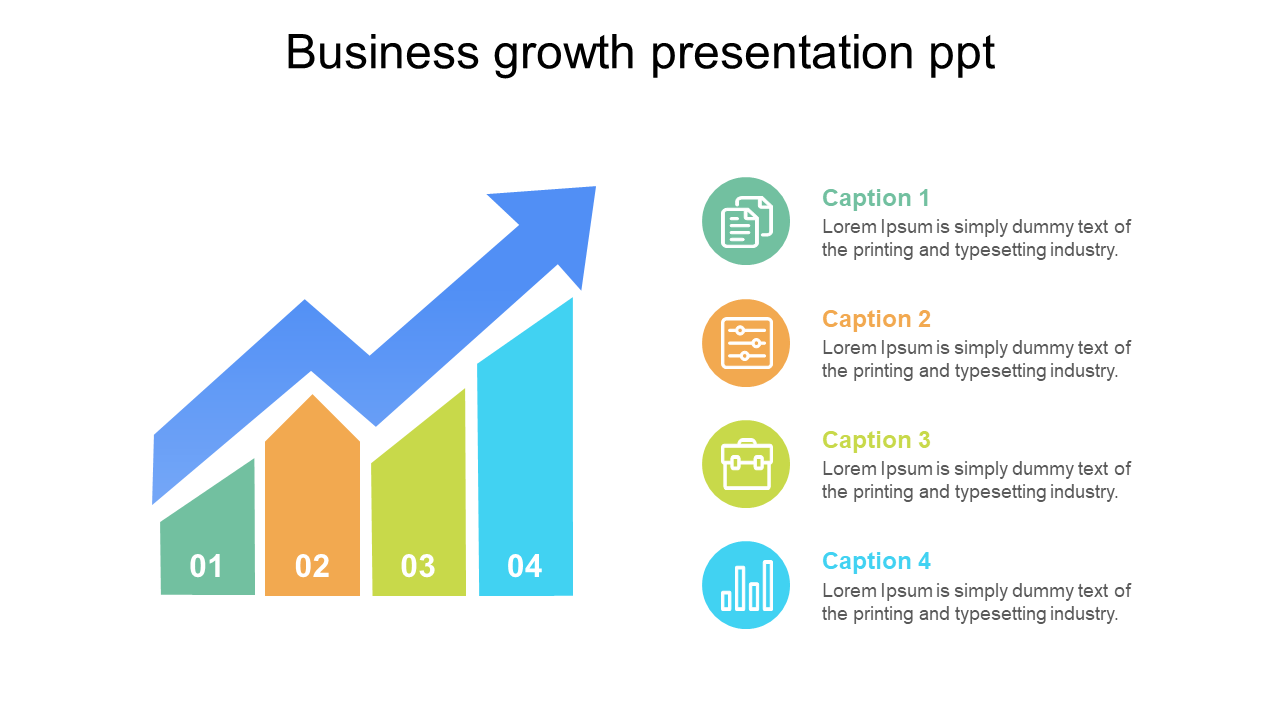 Business growth chart with four colored bars and a blue arrow, alongside circular icons and captions.