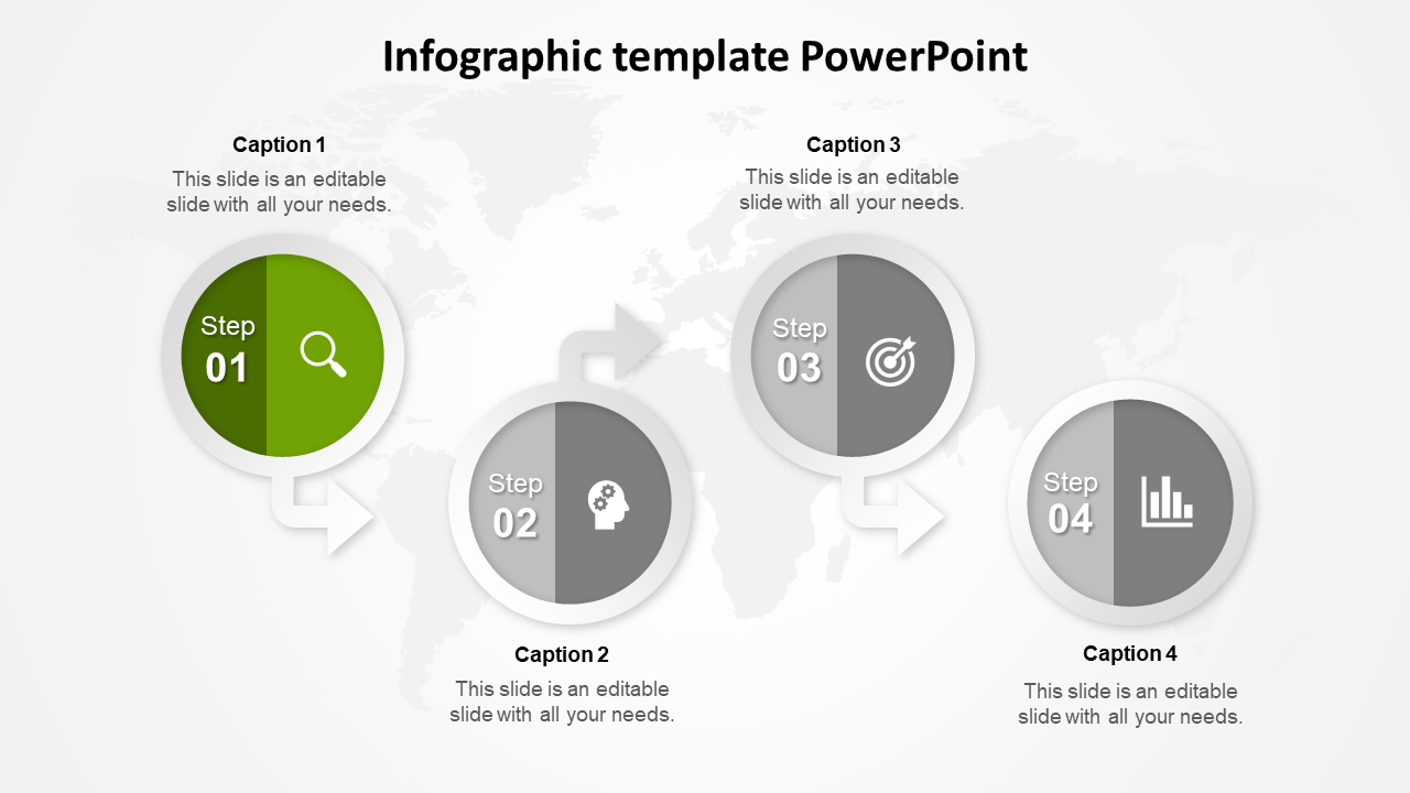 Infographic PPT slide with four steps, each represented by a circular icon, including search, analysis, targeting, and data.