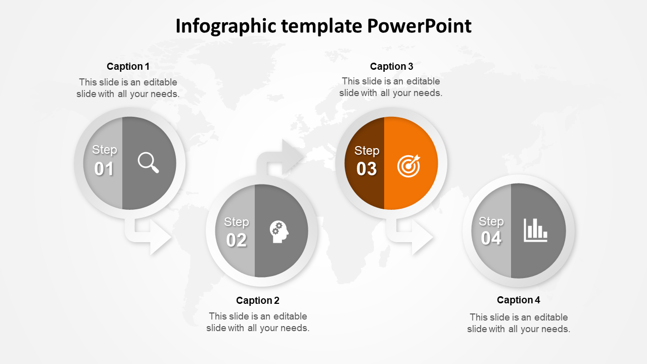 Infographic PowerPoint template with four steps, each represented by a circular icon with captions.