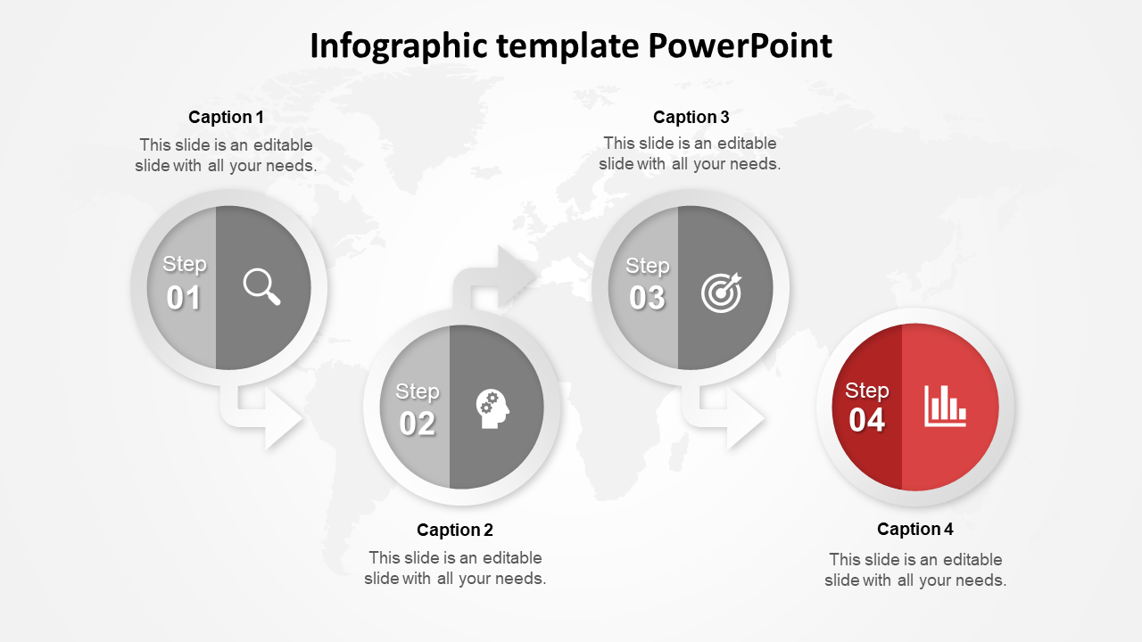 Infographic PowerPoint template with four circular steps, each with icons and captions, arranged in a horizontal flow.