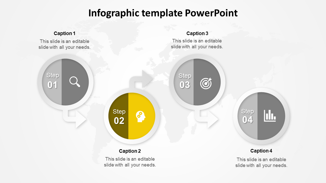 Four-step circular infographic template each with a samll arrow and one step highlighted in yellow. 