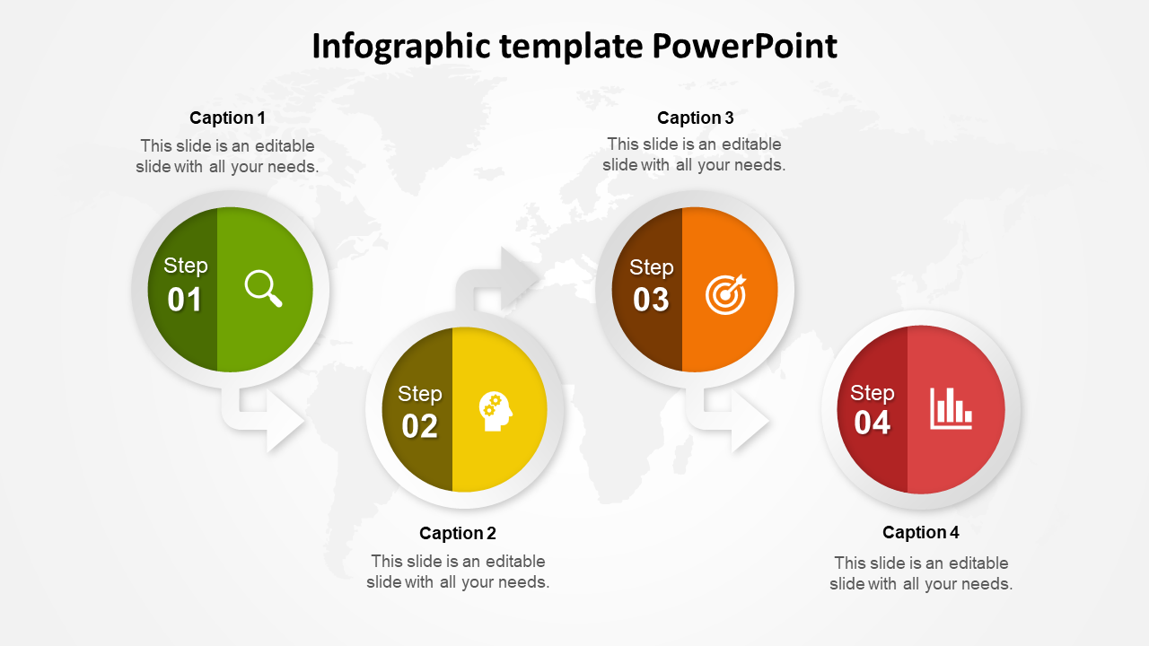 Four-step circular infographic with steps labeled in green, yellow, orange, and red circles, connected by arrows.