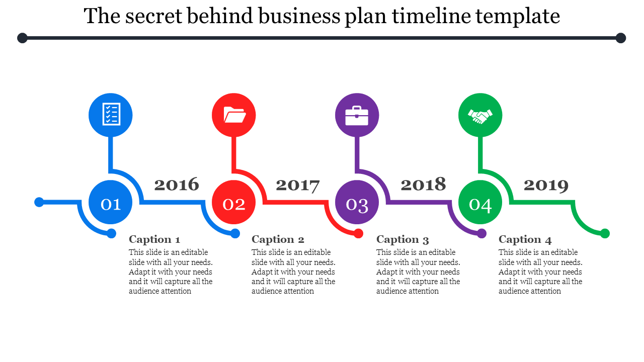 Business plan timeline with circular markers in blue, red, purple, and green, showing years 2016 to 2019.