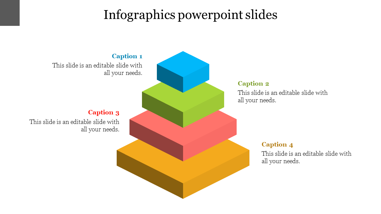 A colorful infographic slide with stacked blocks in blue, green, red, and yellow, labeled with captions.