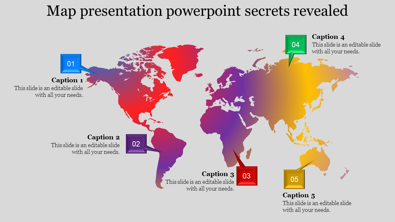 PowerPoint slide with colorful world map and numbered captions, each labeled from 01 to 05.