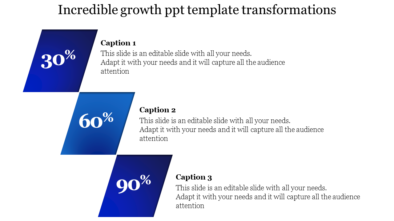 Growth PowerPoint template with three sections showing 30 to 90 percent progress, each with captions.