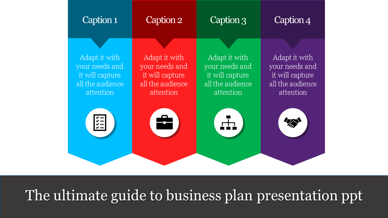 Four vertical banners with icons for checklist, briefcase, hierarchy chart, and handshake, representing business plan steps.