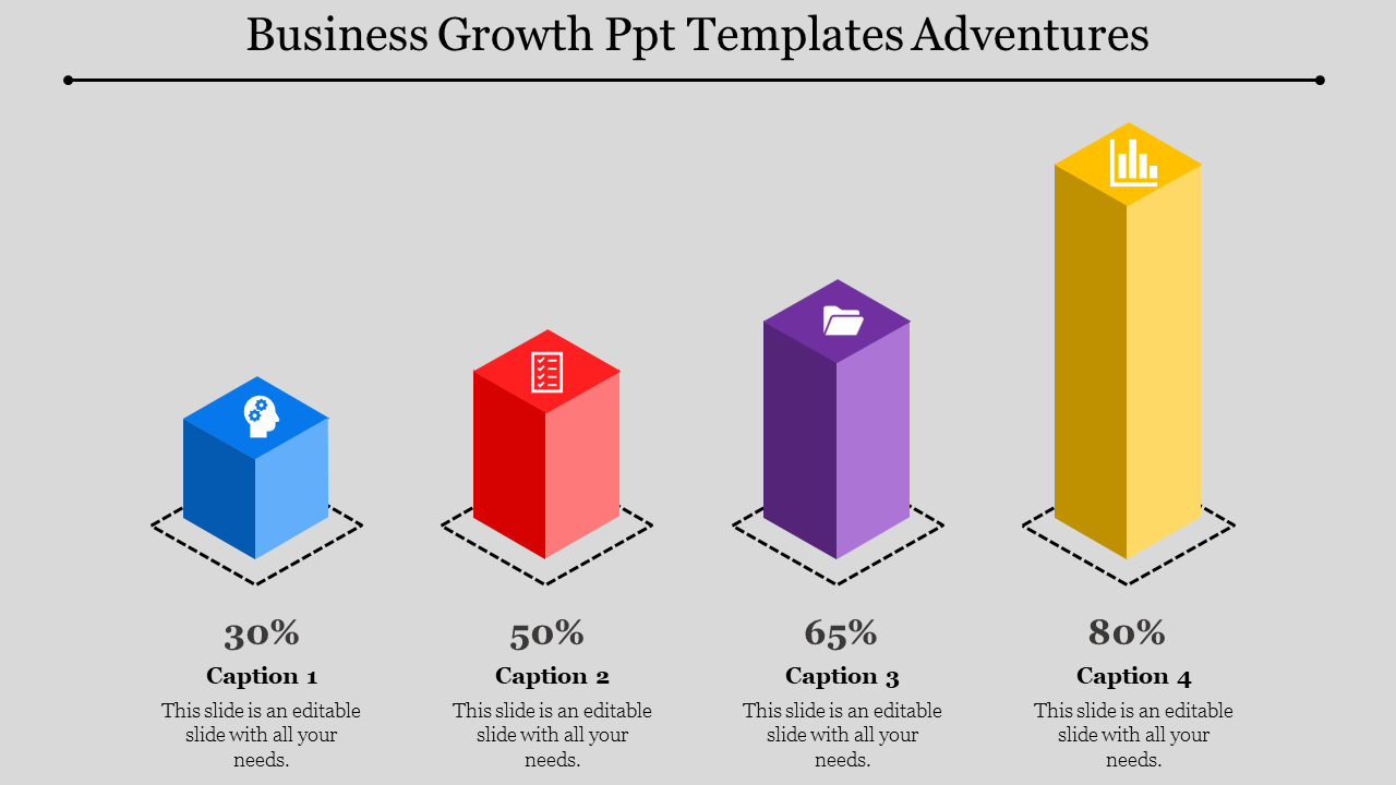 Business growth PowerPoint slide showing four colorful 3D blocks with percentages of 30 to 80 percent with icons.