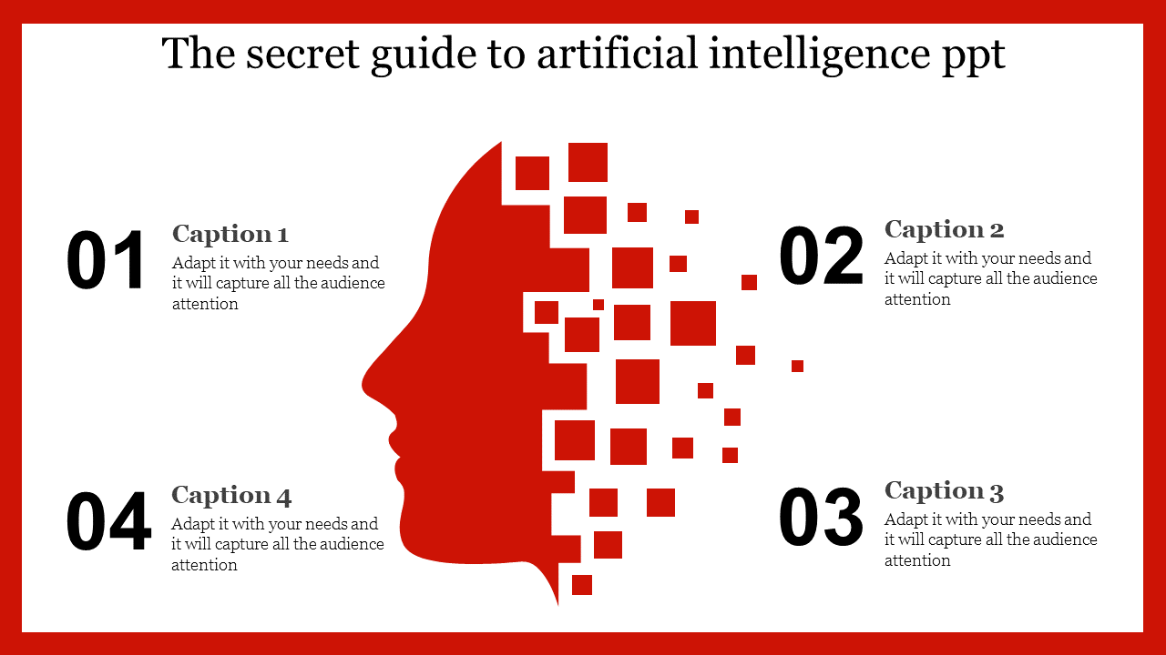 Template illustrating the concept of artificial intelligence with a fragmented silhouette and four numbered caption areas.