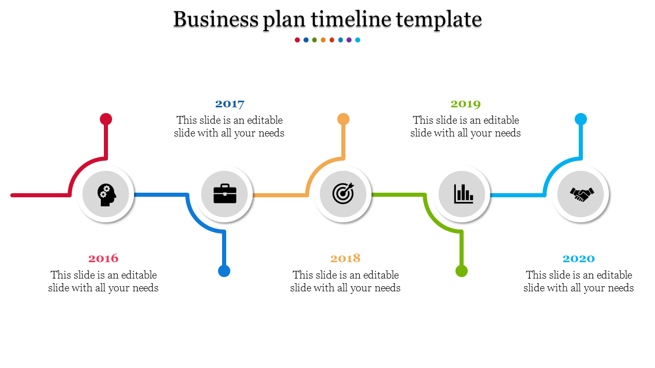 Colorful business plan timeline slide showing milestones from 2016 to 2020, each year represented by icons and text captions.