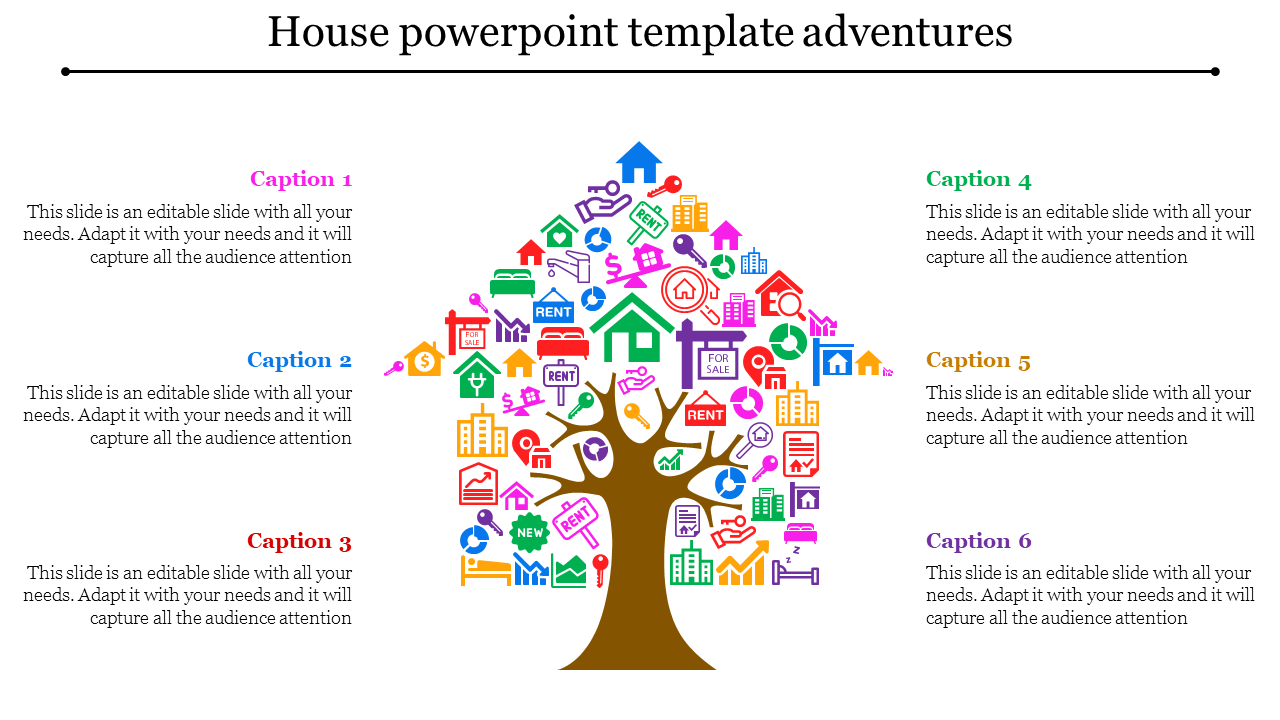 Tree shaped infographic with colorful house related icons, surrounded by six captions in various colors.