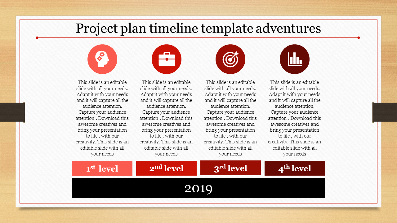 Project timeline with four levels labeled 1st to 4th, featuring red icons for ideas, planning, goals, and analytics.