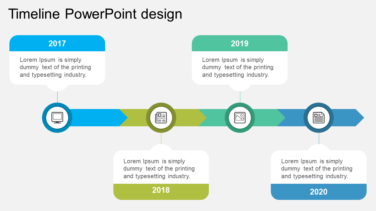 Timeline with four colored arrows and icons in circles, paired with text boxes with years from 2017 to 2020.