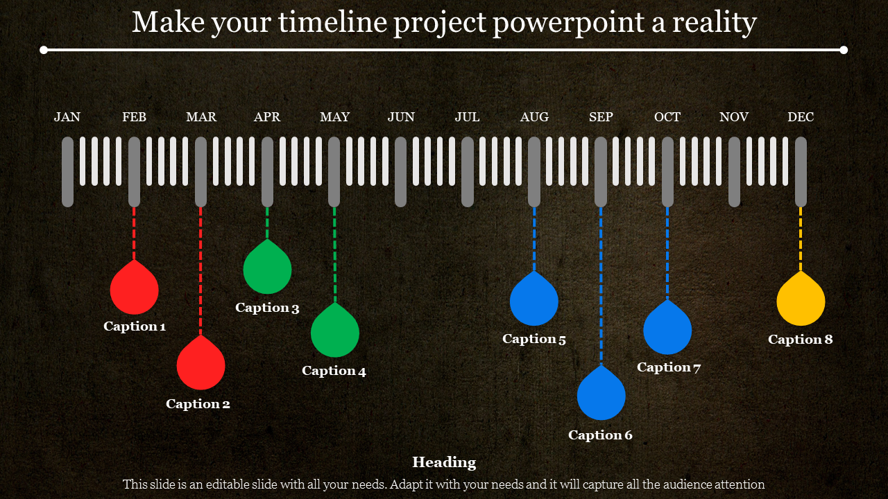 PowerPoint template with a timeline spanning months and eight numbered captions for project events.