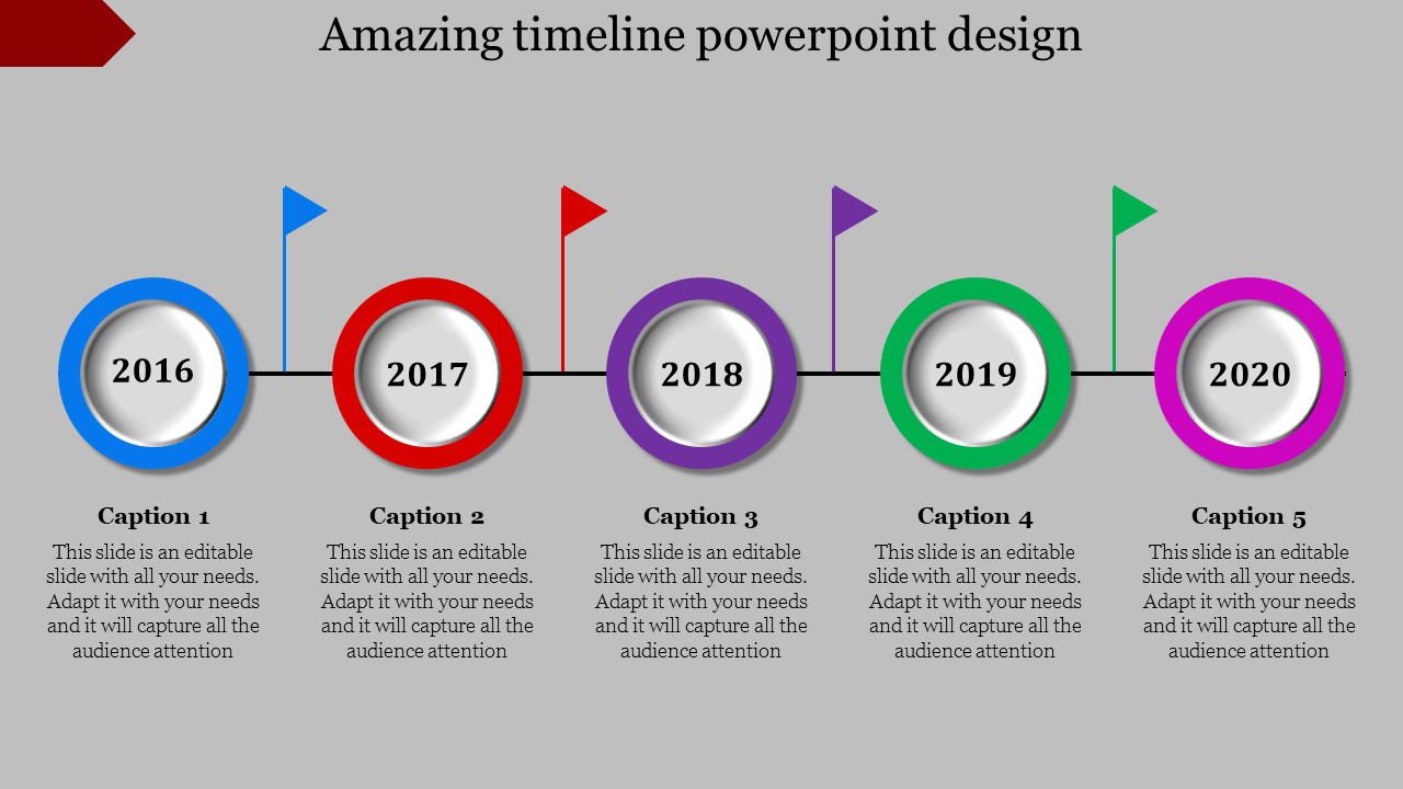 Five circles labeled 2016 to 2020, in blue, red, purple, green, and pink, each with a matching flag, on a gray background.