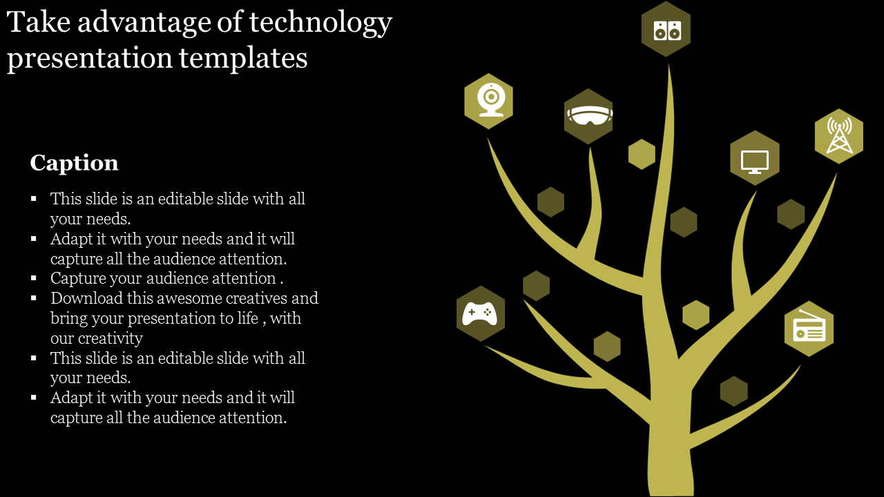 Technology themed slide with a golden tree design, branches featuring tech icons, and caption on a black background.