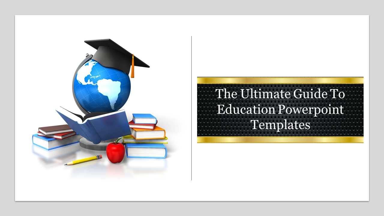 Education-themed colorful image with a globe wearing a graduation cap, books, and an apple with a title text.