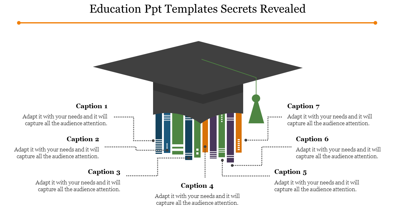 Education themed template featuring a graduation cap and books, surrounded by text areas.