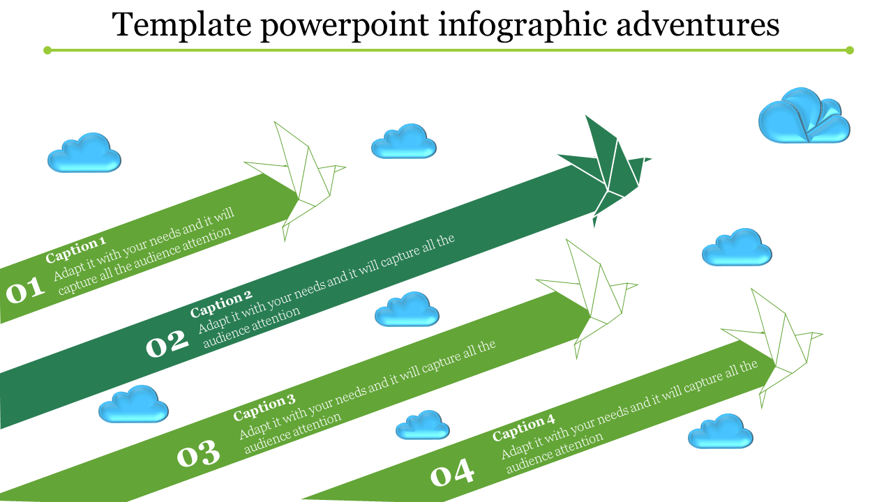 PowerPoint infographic template with green arrows, captions, cloud illustrations, and origami birds.